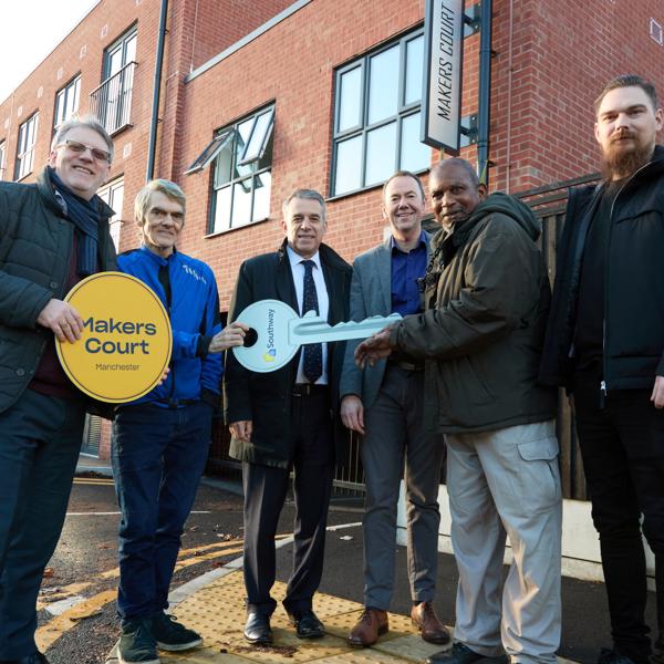 Makers Court (L R) Southway’S Executive Director David Clermont, Resident David, Jeff Smith MP, Southway’S Chief Executive John Bowker And Residents Gilbert And Lukas